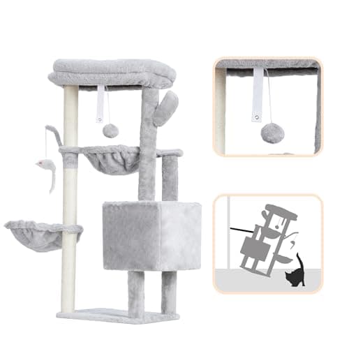 Heybly Cat Tree, 39.4 Inches Tower Condo with Scratching Post, Cat Tower for Indoor Cats, Fully Wrapped Sisal Pole, Soft Platform, 2 Baskets and Dangling Toy, Light Gray HCT006SW - Image 7