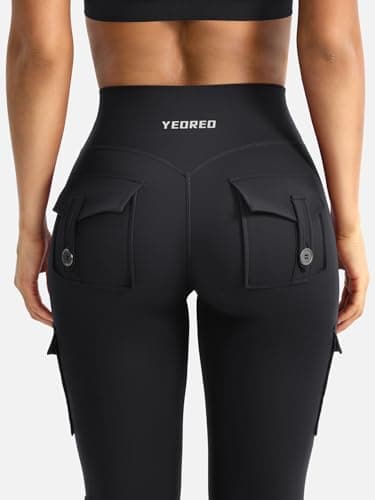 YEOREO CoreFlex Women Workout Flare Leggings with Pockets Hidden Scrunch High Waisted Cargo Gym Yoga Leggings Black M - Image 3