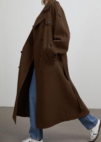 chouyatou Women's Winter Double Breasted Wool Coat Long Sleeve Notch Lapel Midi Long Winter Trench Coat with Belt (Medium, Brown) - Image 3