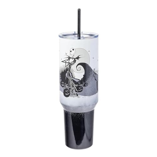 Silver Buffalo Disney Nightmare Before Christmas by Tim Burton Jack Skellington Hill and Moon Stainless Steel Tumbler with Handle and Straw, Fits in Standard Cup Holder, 40 Ounces - Image 7