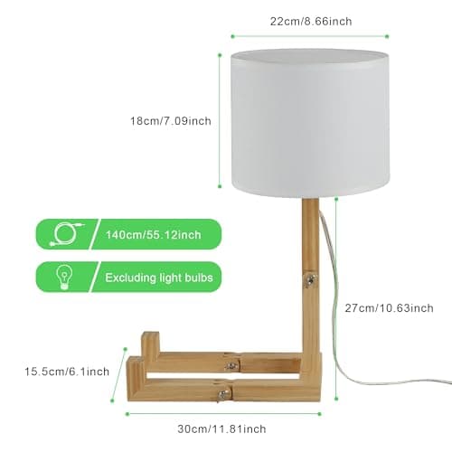 SUNLLOK Bedside Cute Table Lamp with Wood Changeable Base, Vintage White Farbic Lampshade Nightstand Lamp, Industrial Small Reading Desk Light Decor for Living Room, Kids Room, Ktichen Island - Image 5