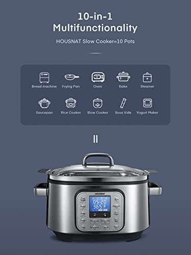 HOUSNAT Slow Cooker, 10 in 1 Programmable Pressure Cooker, 304 Stainless Steel Rice Cookers, Yogurt Maker, 6 QT Sous Vide, Delay Start, Adjustable Temp& Digital Time for Large Families or Entertaining - Image 2