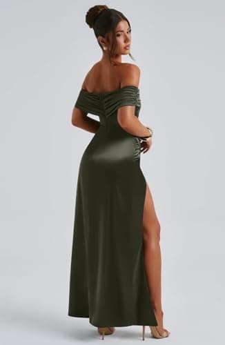 Memoriesea Women's Elegant Off Shoulder High Split Bodycon Evening Wedding Maxi Dress Army Green - Image 5