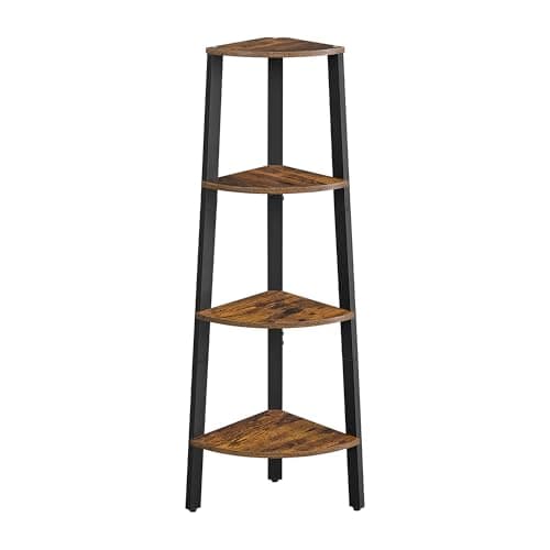 VASAGLE Corner Shelf Stand, 4-Tier Corner Bookshelf, Industrial Ladder Shelf, Plant Stand for Living Room, Office, Kitchen, Rustic Brown and Black ULLS34X