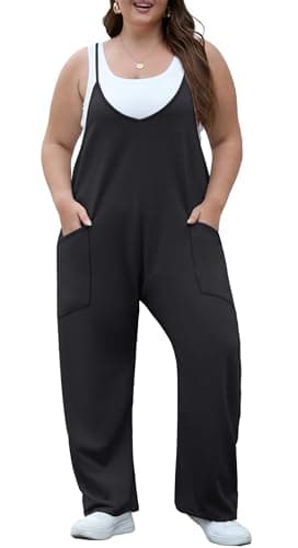 OLRIK Plus Size Black Jumpsuit for Curvy Women Long Loose Fit Rompers For Seniors Casual Overalls With Pockets Summer Outfits Black-3X