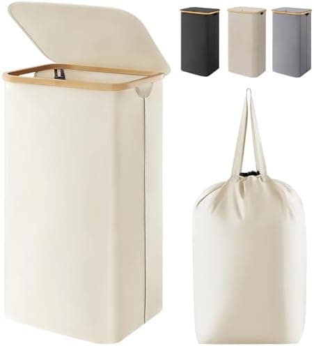 Amazon.com: Lifewit 100L Laundry Basket with Lid, Clothes Hampers for Laundry with Bamboo Handles and 1 Removable Bag, Large Foldable Laundry Hamper for Bedroom, Bathroom, Dorm, Laundry Room, White : Home & Kitchen - Image 2