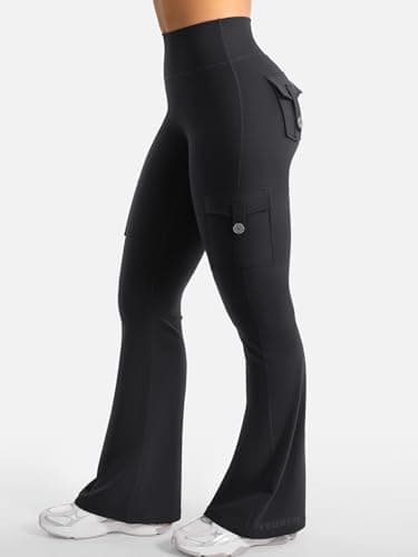 YEOREO CoreFlex Women Workout Flare Leggings with Pockets Hidden Scrunch High Waisted Cargo Gym Yoga Leggings Black M - Image 5