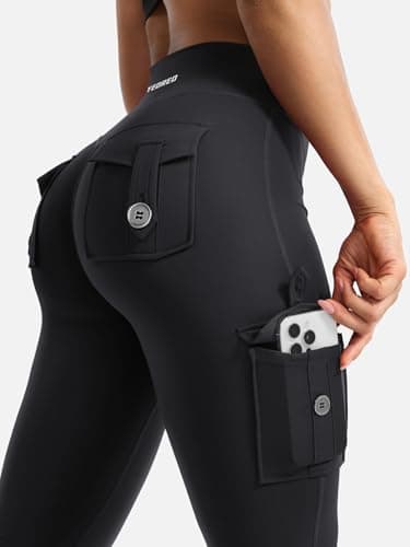 YEOREO CoreFlex Women Workout Flare Leggings with Pockets Hidden Scrunch High Waisted Cargo Gym Yoga Leggings Black M - Image 2