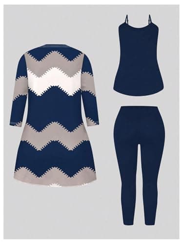 SOLY HUX Women's Plus Size 3 Piece Yoga Outfits Color Block Print Cardigan and Cami Tops with Pants Activewear Set Multi Geometric 2XL - Image 2