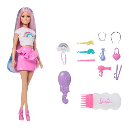 ​Barbie Rainbow Sparkle Hair Doll and Accessories | Fashion Doll Featuring Extra-Long Hair with 12 Stylish Accessories Including Glitter Tube and Hair Dryer