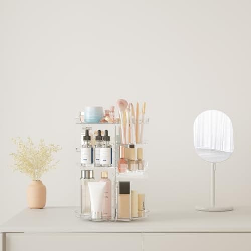 Rotating Makeup Organizer, DIY 8 Adjustable Layers Spinning Skincare Organizer, Cosmetic Display Case with Brush Holder Perfume Tray, Multi-Function Storage Carousel for Vanity Bathroom Countertop - Image 4