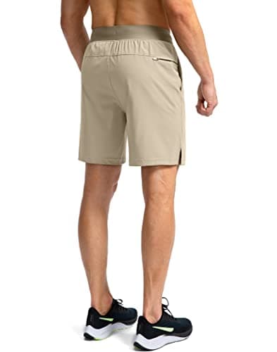 Men's Running Shorts with Zipper Pockets 7 Inch Lightweight Quick Dry Gym Athletic Workout Shorts for Men (Khaki, L) - Image 3