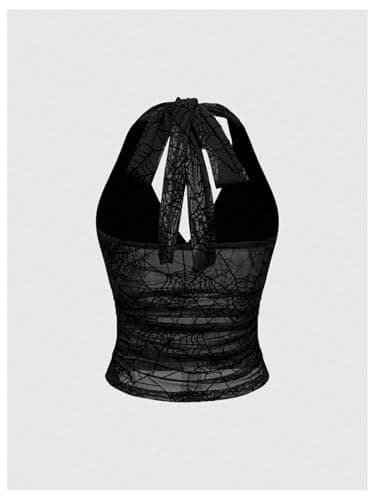 Verdusa Women's Y2k Gothic Goth Halter Top Mesh Sheer Backless Crop Tops Emo Grunge Witchy Clothes Halloween Costumes Black Large - Image 2
