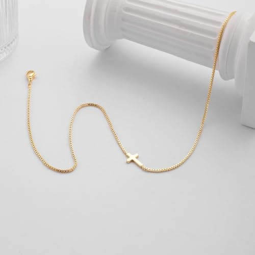 Rotnso Cross Necklace for Women 14K Gold Plated Dainty Small Sideways Cross Pendant Choker Simple Trendy Cute Cross Charm Box Chain Necklace Easter Basket Stuffers Baptism Religious Faith Jewelry Gift - Image 4