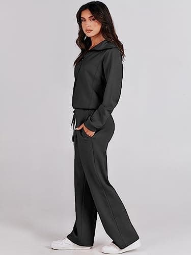 ANRABESS Women 2 Piece Outfits 2025 Fall Fashion Airport Wide Leg Pants Lounge Set Leisure Travel Vacation Clothes Sweatsuits Black Medium - Image 3
