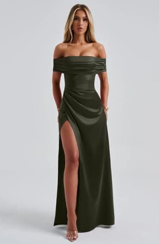 Memoriesea Women's Elegant Off Shoulder High Split Bodycon Evening Wedding Maxi Dress Army Green - Image 7