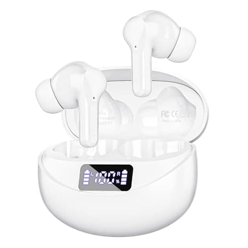Beniduck Wireless Earbuds Bluetooth 5.3 Headphones HiFi Stereo, Wireless Earphones with Noise Cancelling Mic, 50H Playback Ear Buds with LED Digital Display for iOS/Andriod - White