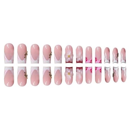 French Tip Press on Nails Long Square Fake Nails Red Acrylic Press on Flowers Artificial Nail With Designs Stick on Nail for Women 24pcs - Image 3
