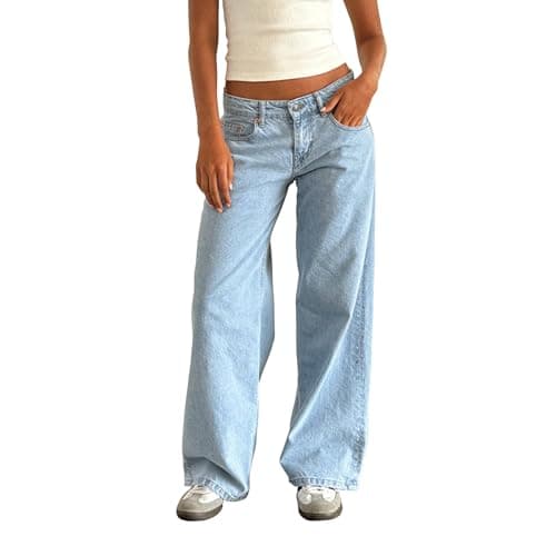 Kodaruber Women Y2k Low Rise Baggy Jeans Loose Fit Boyfriend Straight Wide Leg Jeans Trendy Stretch Long Denim Pants(Baby Blue,X-Small)