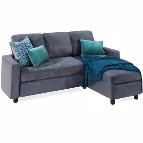 Best Choice Products Upholstered Sectional Sofa for Home, Apartment, Dorm, Bonus Room, Compact Spaces w/Chaise Lounge, 3-Seat, L-Shape Design, Reversible Ottoman Bench, 680lb Capacity - Blue/Gray - Image 9