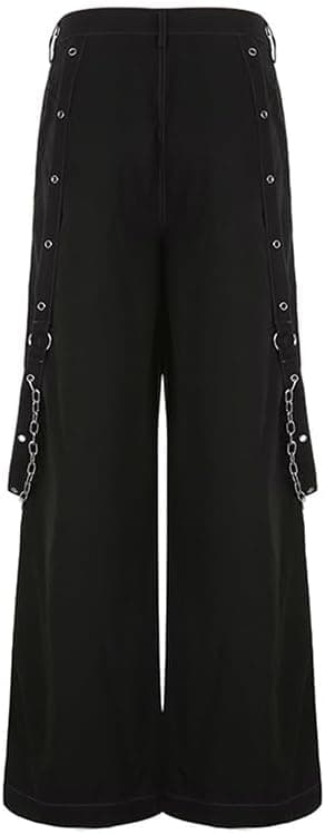 Women Vintage Goth Hip Hop Jeans Punk High Waisted Baggy Bootcut Jeans Strap Chain Striped Wide Leg Denim Pants Black Small - Image 6