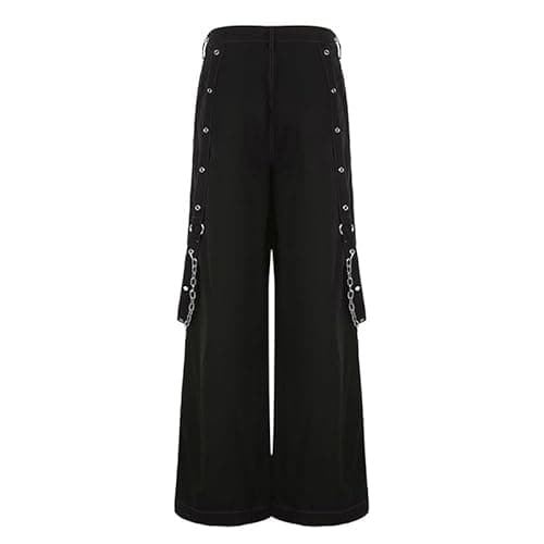 Kodaruber Women Vintage Goth Hip Hop Jeans Punk High Waisted Baggy Bootcut Jeans Strap Chain Striped Wide Leg Denim Pants(Black,Small) - Image 5