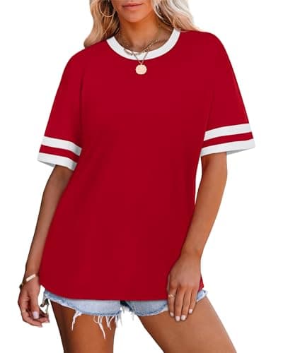 WIHOLL Plus Size Tops for Women T Shirts Crew Neck Summer Sports Style Color Block Sleeve Tee Plain Clothes Spring Outfits for Women Tops School Outfits for Teachers 2025 Deep Red 2XL - Image 3