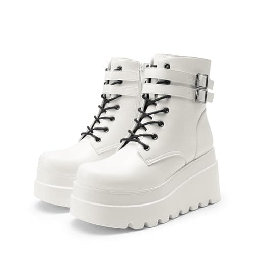 DREAM PAIRS Women Platform Combat Ankle Boots Goth Chunky High Heel Lace Up Motorcycle Booties,Size 9,White,DWUMAB2519 - Image 2