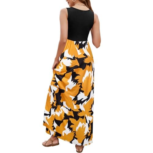 Sherosa Women's Summer Sleeveless Boho Maxi Dresses Chevron Striped Floral Print Casual Long Sundress(Black Brown Yellow,Medium) - Image 5