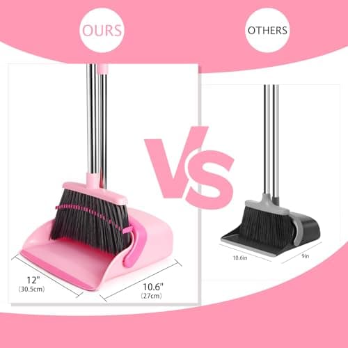 XXFLOWER Broom and Dustpan Set, Dustpans with Broom Combo for Home, Heavy Dust Broom and Dustpan Combo, Long Handle Dust Pan and Broom Set for Kitchen, Office, Pet Hair,Pink, Pack of 1 - Image 2