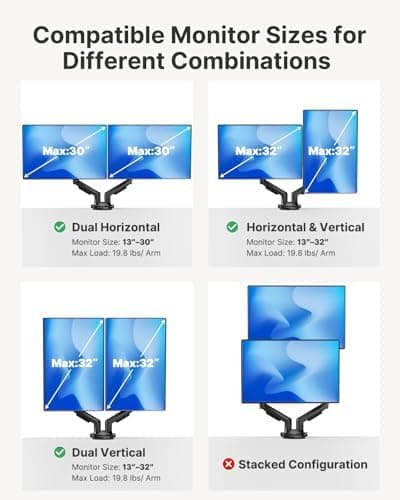 HUANUO FlowLift™ Dual Monitor Stand, Fully Adjustable Gaming Monitor Desk Mount for 13–32″ Computer Screens, Full Motion VESA 75x75/100x100 with C-Clamp & Grommet Base, Each Arm Holds 4.4 to 19.8 lbs - Image 7