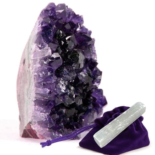 SUPERIOR Amethyst Crystal Rock Cluster [3/4 to 1 lbs] - Natural Edge, Flat Bottom, Healing & Calming Unique Amethyst Purple Geode Stone - Ideal Purple Decoration - Free Selenite Wand