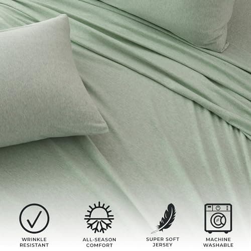 Cotton Jersey Knit Twin XL Sheet Set - Ultra-Soft, Stretchy, Heathered Melange Green Bed Sheets - Cozy, Soft T-Shirt Sheet & Pillowcase Set - Image 5