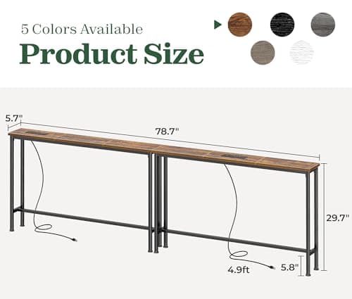 SUPERJARE 78.8 inch Narrow Console Table with Outlet, Sofa Table Set of 2, Behind Couch Table, Long Entryway Tables with Charging Station, for Living Room, Rustic Brown - Image 3