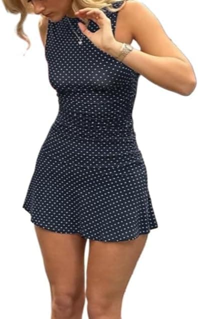 Polka Dot Mini Dress for Women Sleeveless Round Neck Bodycon Flared Hem Casual Summer Outfit 2025 Navy Blue Small - Image 2