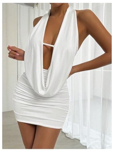SOLY HUX Women's Sexy Deep V Neck Halter Bodycon Mini Dress Sleeveless Party Club Dresses Pure White Medium - Image 6