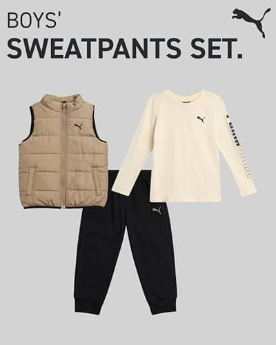 PUMA Toddler Boys Pants Set - 3 Piece Long Sleeve Shirt Kids Puffer Vest and Boys Pants Clothing Set (Sizes: 2T-7), Size 4T, Light Brown - Image 2