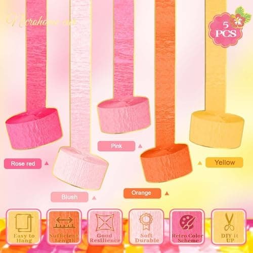 Amazon.com: NICROHOME EUR Retro Orange Pink Summer Party Crepe Paper Streamers 5 Rolls | Hanging Garland Streamers for Sunset Party, Birthday Wedding Baby Shower Fall Thanksgiving Backdrop Decor, 1.8 x 82 Ft/Roll : Home & Kitchen - Image 4