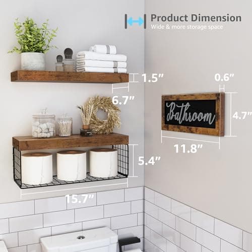 QEEIG ‎Bathroom Shelves Over Toilet - Paper Storage Wall Mounted Farmhouse Decor Decorations Aesthetic Décor Sign Small Floating Shelf 2+1 Set 16 inch, Rustic Brown (020BN) - Image 3