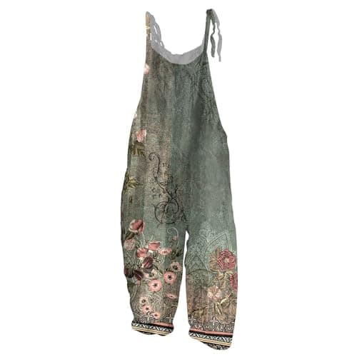 Summer Plus Size Floral Boho Linen Gardening Cloth Overalls Jumpsuits Rompers Loose Fit Bib Baggy Jumpers Pants for Curvy Women 2025 Dark Green 5XL - Image 2