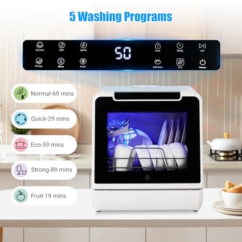 GarveeHome Dishwasher, Countertop Dishwashers, 5 Washing Programs Mini Dishwasher with 5L Built-in Water Tank, Dishwasher Machine 360° Dual Spray, Tabletop Dishwasher with High-Temp & Air-Dry Function - Image 5