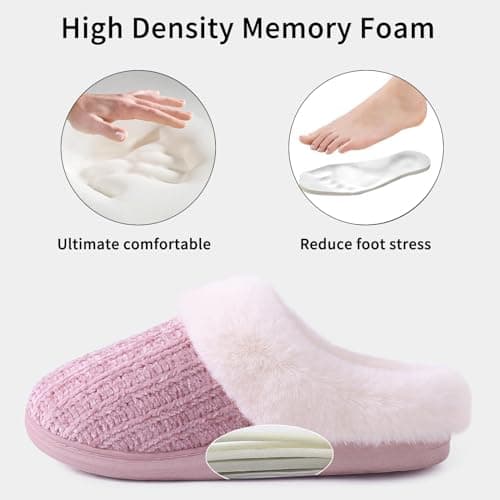 Evshine Women's Warm Chenille Knit House Slippers Comfy Memory Foam Winter Slippers with Faux Fur Collar and Indoor Outdoor Soles Pink, 40-41 (Size 8-9) - Image 3