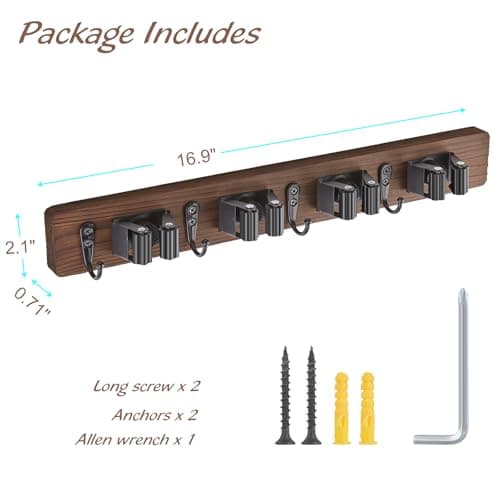 OUTNILI Mop and Broom Holder Wall Mount - Rustic Wood Broom Mop Hanger - Wall Mounted Garden Tool Rack Organizer for Closet Garage Laundry Room Kitchen Decor With 4 Slots & 4 Hooks - Image 6