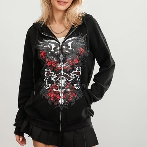 Kodaruber Women Y2K Skull Hoodie Graphic Zip Up Grunge Aesthetic Hoodies Casual Vintage Oversized Sweatshirt Harajuku Jacket(C Black,Medium) - Image 2