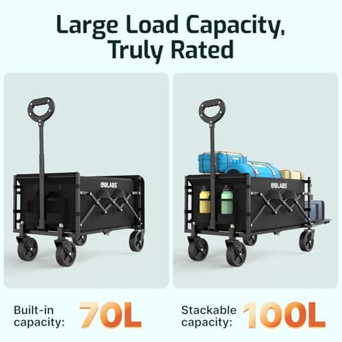 Golabs Collapsible Wagon Cart Max 350lb Load & Expandable Storage 100L, Double Bearing Design for Flexible Steering, Foldable Heavy Duty Garden Cart with 2 Cup Holders for Groceries, Garden & Camping - Image 3