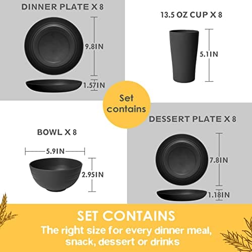 Teivio 32-Piece Kitchen Plastic Wheat Straw Dinnerware Set, Service for 8, Unbreakable Modern Dish Set - Dinner Plate/Dessert Plate/Cereal Bowl/Cup, for Apartment Essentials, Outdoor Camping,Black - Image 2