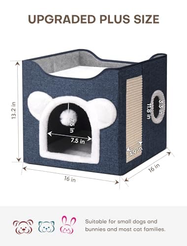 Cat Houses for Indoor Cats, Large Cat Cave with Fluffy Ball and Scratch Pad, Covered Cat Bed House, Foldable Cat Hideaway - Image 2