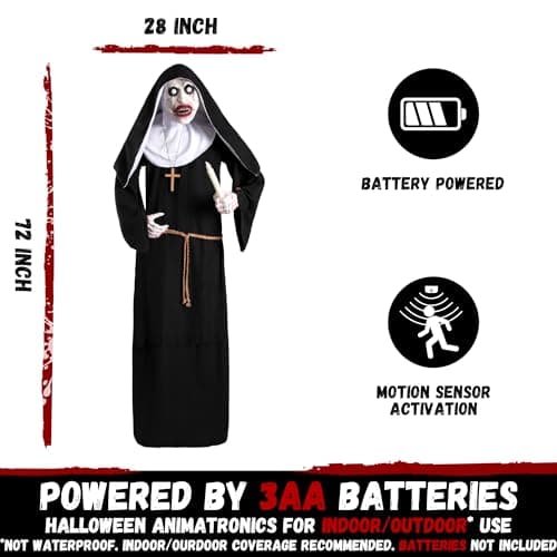 Halloween Animatronics 6ft Nun Animated 72inch Sister Decoration with Motion Sensor Activated, Creepy Sound, Scary Move, Light Up Eyes, Haunted House Spooky Decor Horror Prop for Indoor, Outdoor, Yard - Image 4