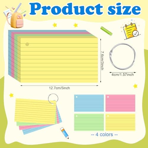 YAGUAO Colored Index Cards 3x5 Inch Flash Cards with Ring Lined Flashcards Note Cards for Studying School Supplies College, 200 Count - Image 2