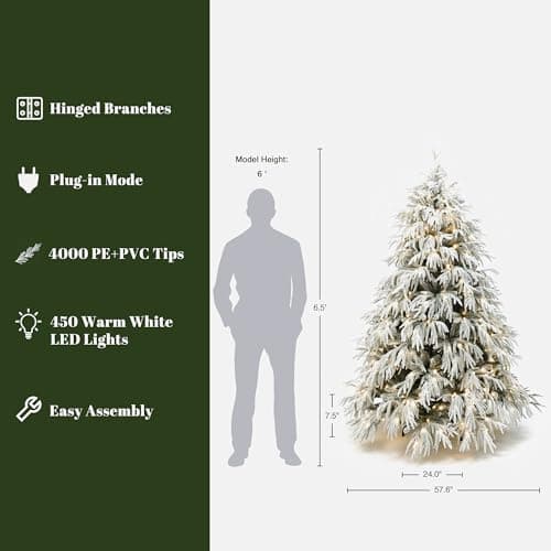 LuxenHome 6.5FT Flocked Artificial Christmas Tree, Spruce Prelit Christmas Trees Flocked with 450 Warm White LED Lights, Realistic Xmas Tree with 4000 PE+PVC Tips for Indoor and Outdoor Xmas Decor - Image 3